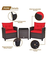 Gymax 3PCS Patio Outdoor Rattan Conversation Set w/ Cushion Coffee Table