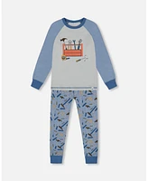 Deux par Big Boys Cotton Long Sleeve Top And Pants Two-Piece Pajama Set Tools On Bluish Gray Background