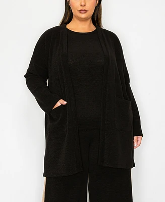 Coin 1804 Plus Textured Rib Front Pocket Side Slit Cardigan Sweater