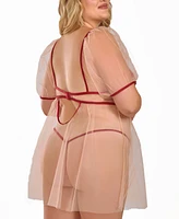 iCollection Plus Soft Cup Embroidered Mesh Bbdoll Lingerie Set