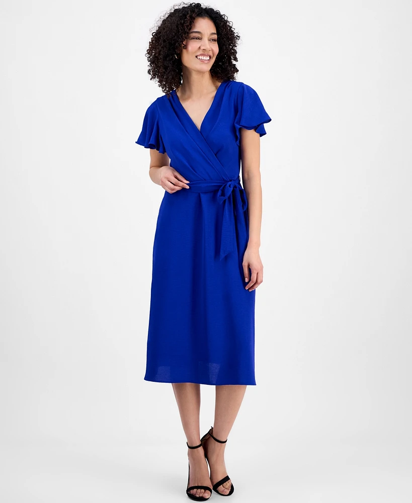 Connected Petite Tie-Waist Flutter-Sleeve Midi Dress