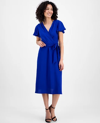 Connected Petite Tie-Waist Flutter-Sleeve Midi Dress
