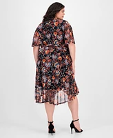 Connected Plus Printed Mesh High-Low Faux-Wrap Dress