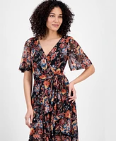 Connected Petite Printed Mesh High-Low Faux-Wrap Dress