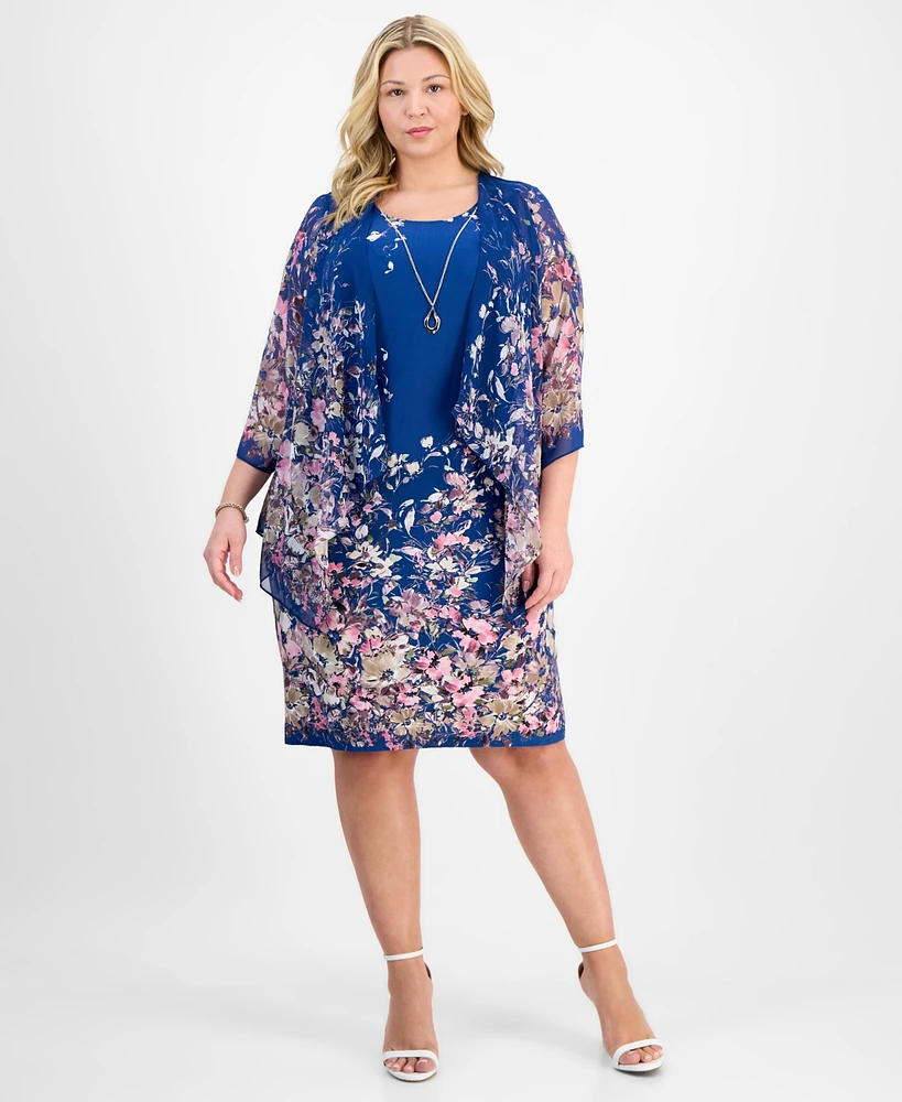 Sandra Darren Plus Placed-Floral 3/4-Sleeve Jacket Dress