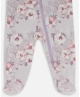 Deux par Baby Girls Printed Cotton One-Piece Pajama Pale Pink Flowers On Neutral Lilac