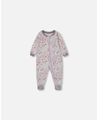 Deux par Baby Girls Printed Cotton One-Piece Pajama Pale Pink Flowers On Neutral Lilac