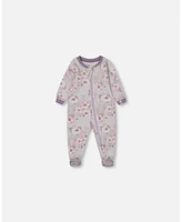 Deux par Baby Girls Printed Cotton One-Piece Pajama Pale Pink Flowers On Neutral Lilac