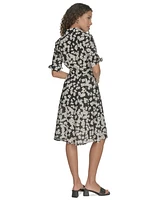 Calvin Klein Petite Cotton Floral Tie-Cuff Shirtdress