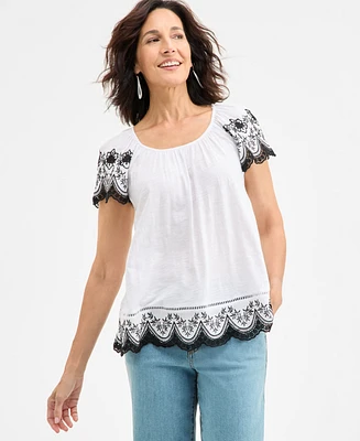 Style & Co Women's Scoop-Neck Embroidered Short-Sleeve Top, Exclusively at Macy's