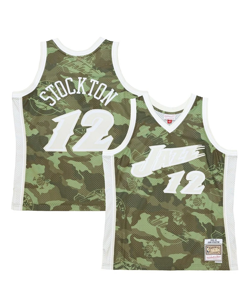Mitchell & Ness Men's John Stockton Camo Utah Jazz Hardwood Classics 1998/99 Ghost Green Swingman Jersey