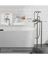 Gold Freestanding Faucet Bathtub Floor Mount Tub Filler with Handheld Shower Spray Lever Telephone Shape High Flow Bathroom Mixing Tap
