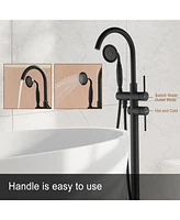 Freestanding Bathtub Faucet Floor Mount Tub Filler Faucet with Handheld Shower Dual Handle Bathtub Faucet Set with Stainless Steel Water Supply Pipe,