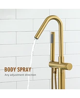 Brushed Gold Floor Mounted Tub Filler Shower Faucet Single Handle Freestanding Bathtub Faucet Bathtub Shower Mixer Tap with Handheld Shower Sprayer