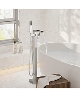 Freestanding Bathtub Faucet Bathtub Tub Filler Floor Mount Bathroom Faucets Brass Single Handle Tub Faucet with Handheld Spray, Brushed Nickel