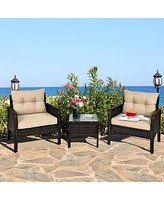 Gymax 3PCS Outdoor Patio Rattan Furniture Set w/ Chairs Coffee Table Cushions