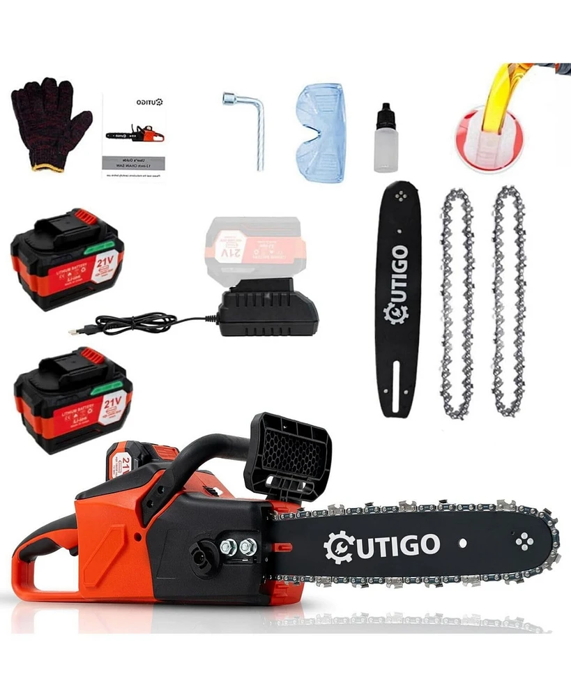 Cordless Electric Chainsaw Outigo, 1000W Brushless Chainsaw 12-Inch with 2×21V Batteries, 2 Replacement Chains & 1 Guide Bars & Charger, Bettery