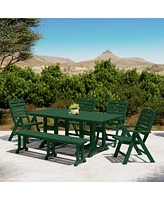 6-Piece Hdpe Rectangular Patio Dining Table Set with Foldable Chairs and Patio Bench