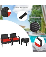 Gymax 3 Piece Outdoor Rattan Conversation Furniture Set w/ Cushion & Storage Table