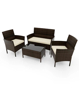 Gymax 4 Piece Outdoor Wicker Furniture Set Patio Rattan Conversation Set w/ Table