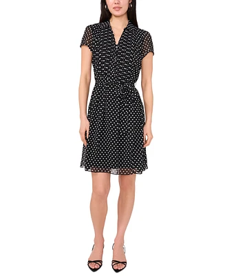 Msk Petite Dot-Print Tie-Waist Split-Neck A-Line Dress