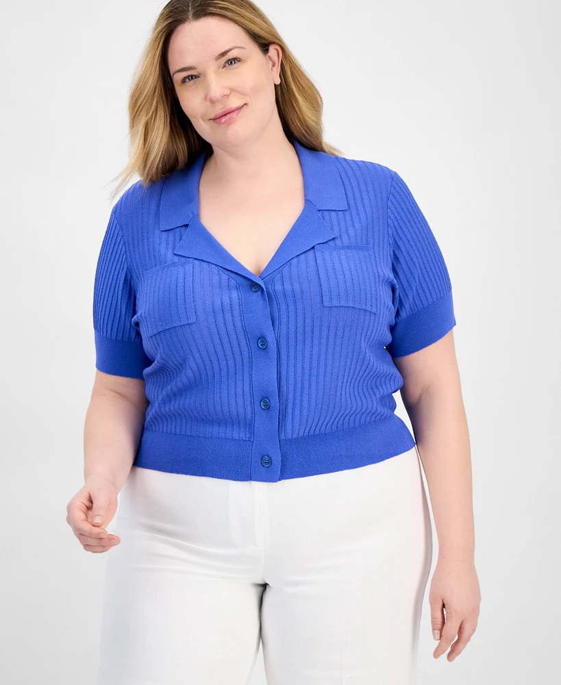 Tahari Asl Plus Short-Sleeve Pointelle Cardigan