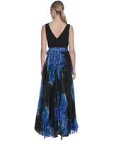 Eliza J Petite Mixed-Media V-Neck Sleeveless Pleated Gown