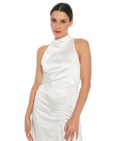 London Times Petite Satin Side-Ruched Cowlneck Midi Dress