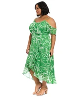 London Times Plus Printed Cold-Shoulder Ruffle Dress