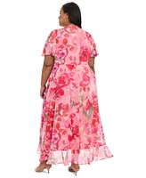 London Times Plus Floral Flutter-Sleeve Ruffle Dress