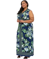 London Times Plus Border-Print V-Neck Maxi Dress