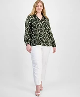 Vince Camuto Plus Printed Split-Neck Blouson-Sleeve Top