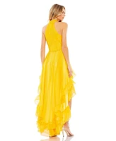 Mac Duggal Women's Ruffle Tiered High Low Pleated Halter Neck Gown