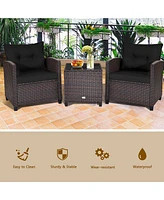 Gymax 3PCS Outdoor Patio Rattan Conversation Set Garden Yard w/ Cushions Coffee Table