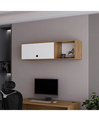 Fm Furniture Roslyn Wall-Mounted Cabinet with Lift-Up Door, Open Compartments, Natural Oak and White