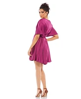 Mac Duggal Women's Satin Flowy Cape Sleeve Mini Dress
