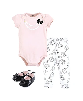 Hudson Baby Girls Cotton Bodysuit, Pant and Shoe Set, Pink Black Necklace, 9-12 Months