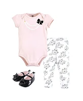 Hudson Baby Baby Girls Hudson Cotton Bodysuit, Pant and Shoe Set, Pink Black Necklace, 9-12 Months