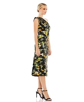 Mac Duggal Women's Floral Print Draped One Shoulder Midi Dress