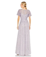 Mac Duggal Women's Sequined Butterfly Sleeve Flowy Gown
