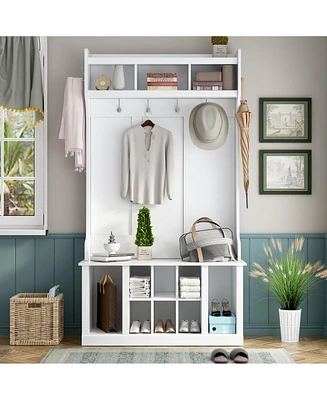 70.80"Hall Tree with 6 Hooks , Coat Hanger, Entryway Bench, Storage Bench, 3-in-1 Design, 39.4INCH, for Entrance, Hallway(White)