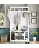 70.80"Hall Tree with 6 Hooks , Coat Hanger, Entryway Bench, Storage Bench, 3-in-1 Design, 39.4INCH, for Entrance, Hallway(White)