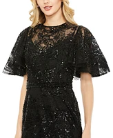 Mac Duggal Women's Embellished Flutter Sleeve High Neck Gown