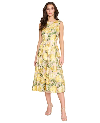 Tahari Asl Women's Floral-Embroidered A-Line Midi Dress