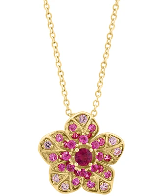 Effy Pink Sapphire (5/8 ct. t.w.) & Ruby (1/10 ct. t.w.) Flower Pendant Necklace in 14k Rose Gold, 17" + 1" extender