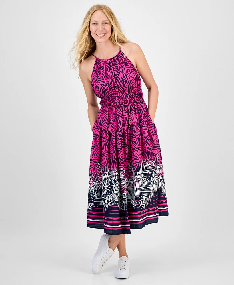 Nautica Jeans Women's Palm-Print Halter Midi Dress
