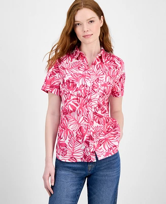 Nautica Jeans Women's Palm-Print Cotton Camp Shirt