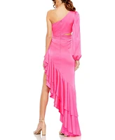 Mac Duggal Women's One Sleeve Cut Out Asymmetrical Ruffled Gown