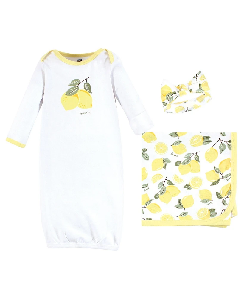 Hudson Baby Baby Girls Hudson Gown, Swaddle Blanket and Cap or Headband, Lemons, 0-6 Months