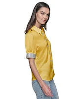 Karl Lagerfeld Paris Women's Satin Rhinestone-Cuff Button-Front Top